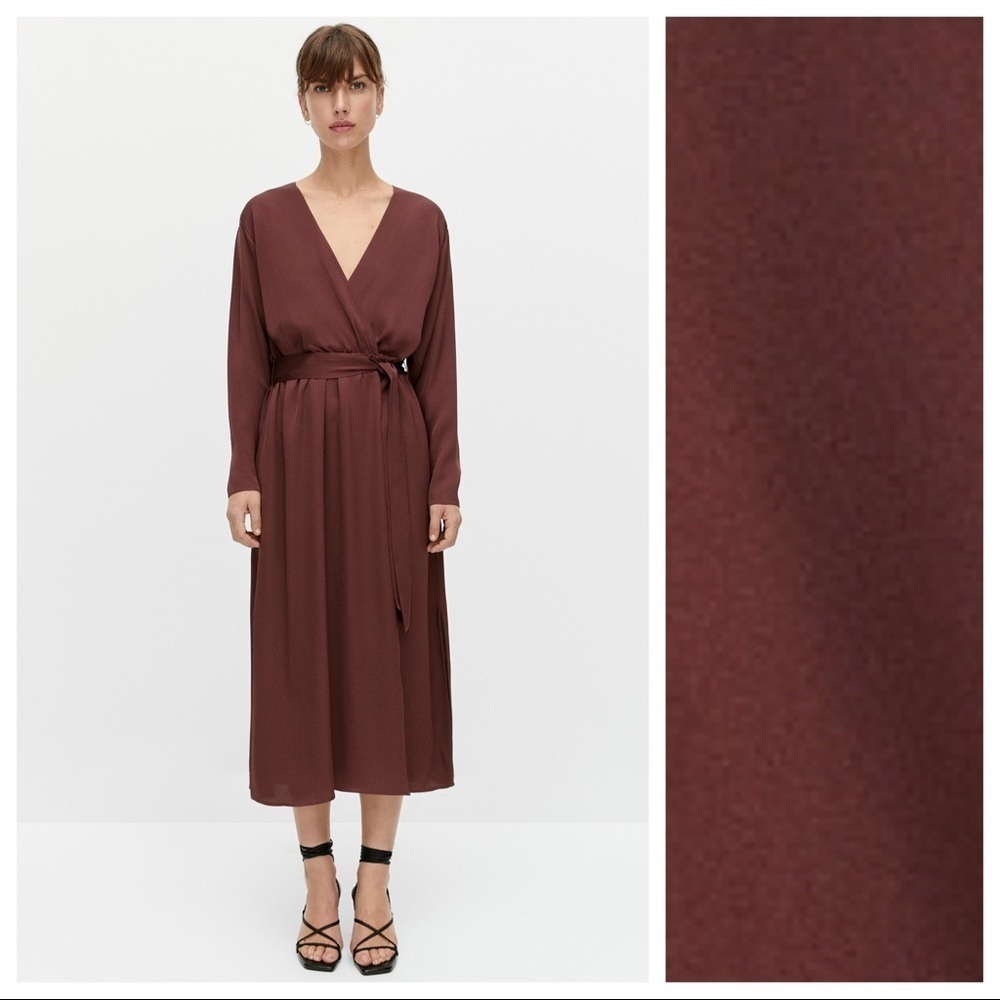NWT. Massimo Dutti Brown Satin Wrap Midi Dress. Size XS.